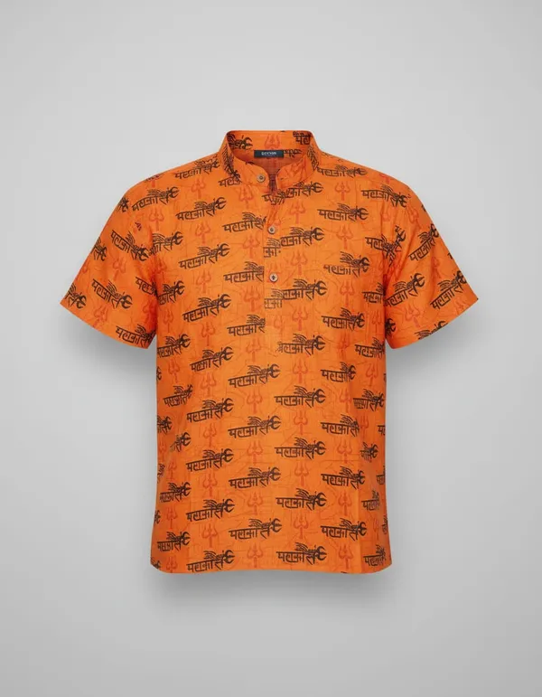 Orange_Pure_Cotton_Mahakal_Trishul_Print_Front_Pocket_Kurta_For_Men
