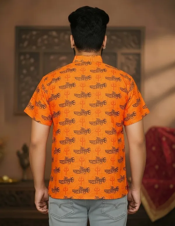 Orange_Pure_Cotton_Mahakal_Trishul_Print_Front_Pocket_Kurta_For_Men