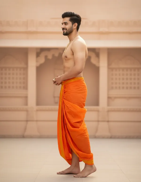 Pure_Cotton_Orange_Readymade_Elastic_Silk_Dhoti_For_Men