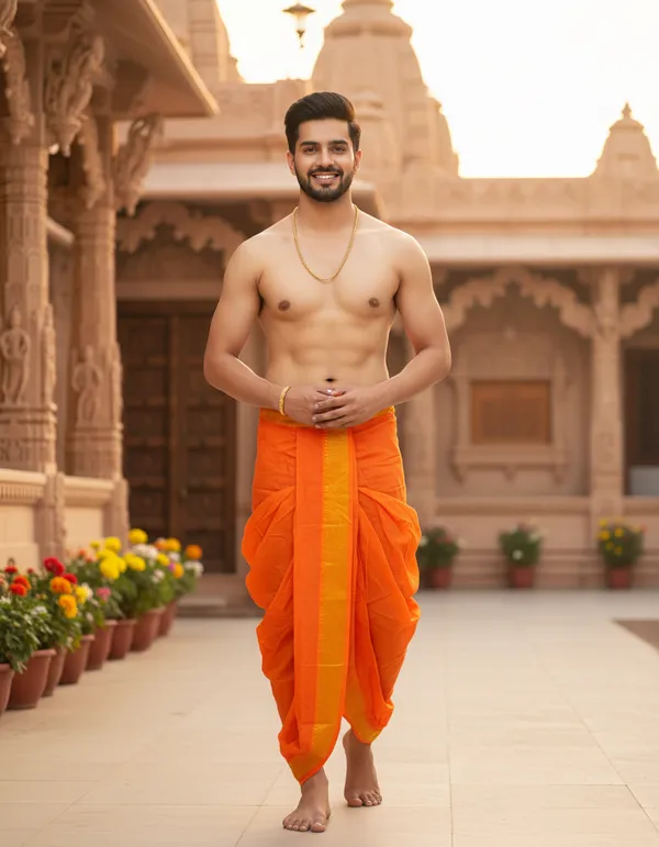 Pure_Cotton_Orange_Readymade_Elastic_Silk_Dhoti_For_Men