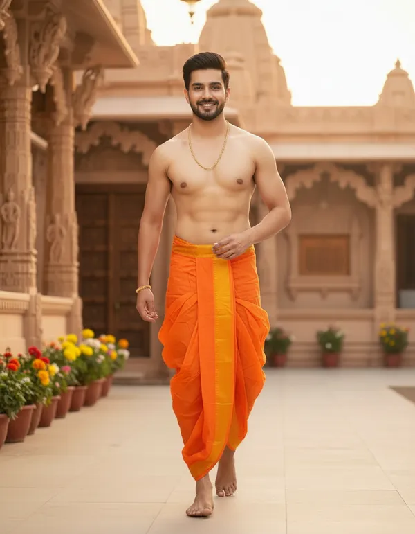 Pure_Cotton_Orange_Readymade_Elastic_Silk_Dhoti_For_Men