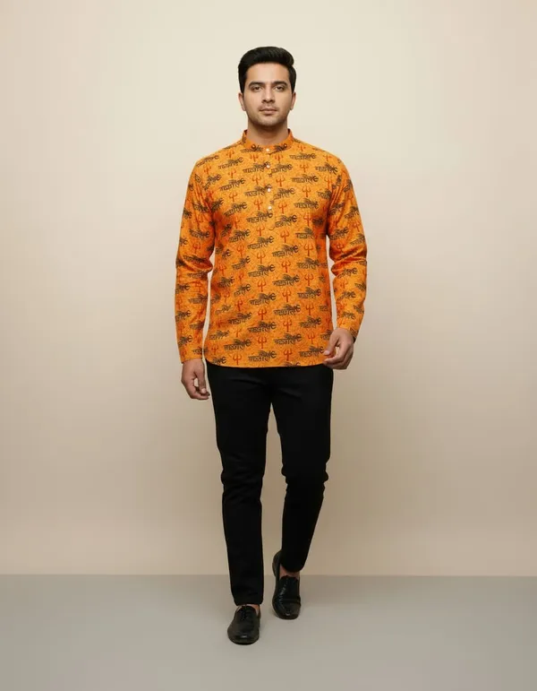 Full_Slievees_Yellow_Pure_Cotton_MahakalTrishul_Print_Print_Kurta_For_Men