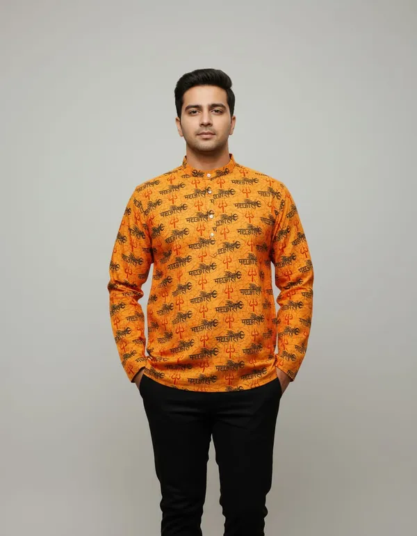 Full_Slievees_Yellow_Pure_Cotton_MahakalTrishul_Print_Print_Kurta_For_Men