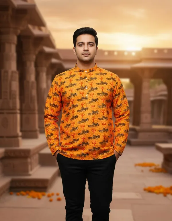 Full_Slievees_Yellow_Pure_Cotton_MahakalTrishul_Print_Print_Kurta_For_Men