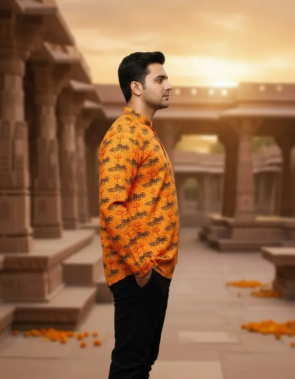 Full_Slievees_Yellow_Pure_Cotton_MahakalTrishul_Print_Print_Kurta_For_Men