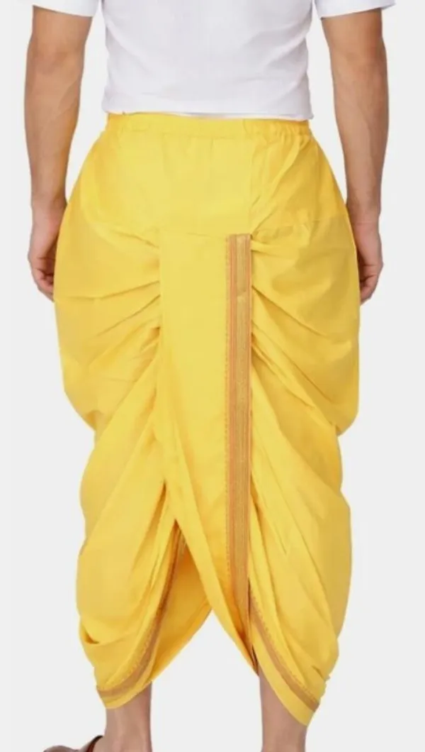 Yellow_Cotton_Blend_Readymade_Elastic_Silk_Dhoti_For_Men