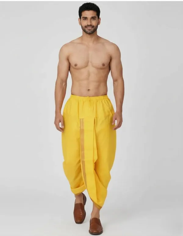 Yellow_Cotton_Blend_Readymade_Elastic_Silk_Dhoti_For_Men