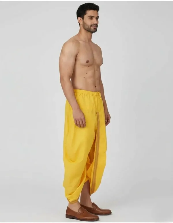 Yellow_Cotton_Blend_Readymade_Elastic_Silk_Dhoti_For_Men