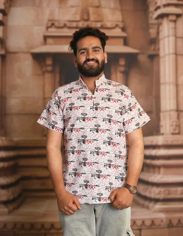 White_Pure_Cotton_Damru_Print_Kurta_For_Men
