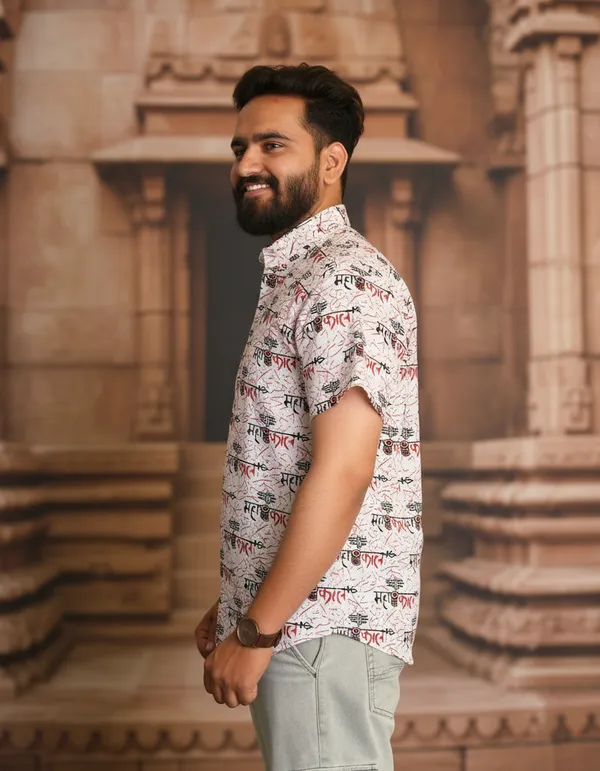 White_Pure_Cotton_Damru_Print_Kurta_For_Men