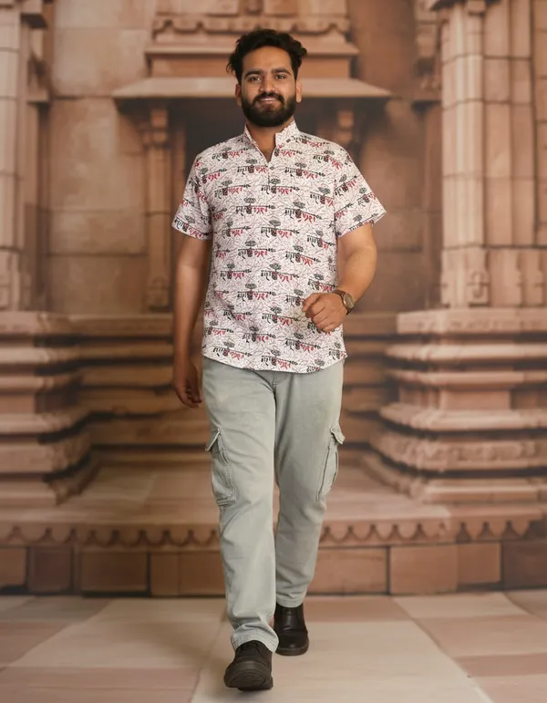 White_Pure_Cotton_Damru_Print_Kurta_For_Men