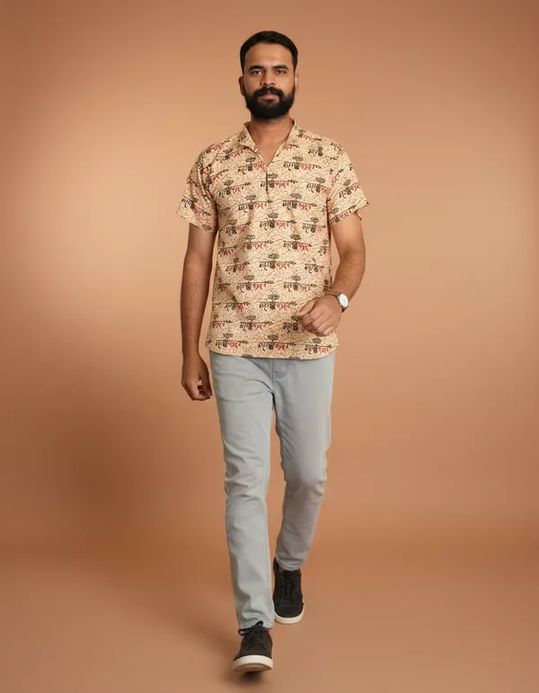 Dark_Beige_Pure_Cotton_Damru_Print_Kurta_For_Men