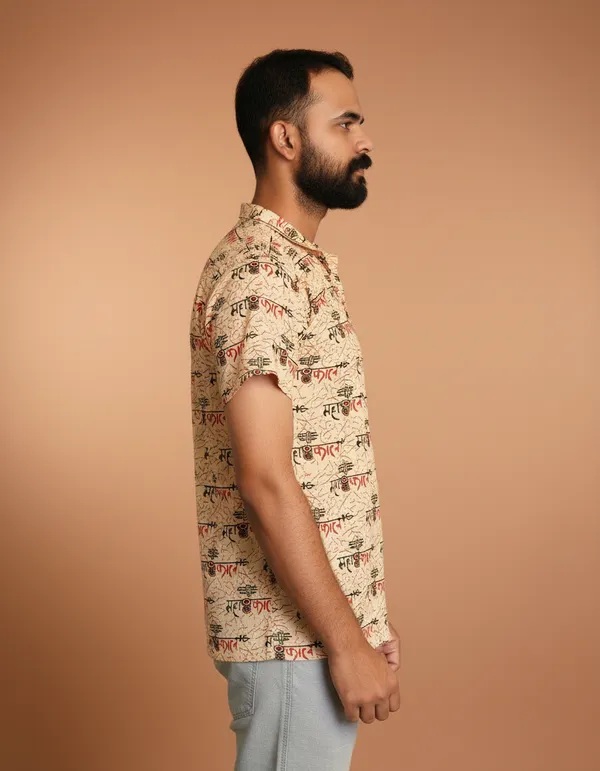 Dark_Beige_Pure_Cotton_Damru_Print_Kurta_For_Men