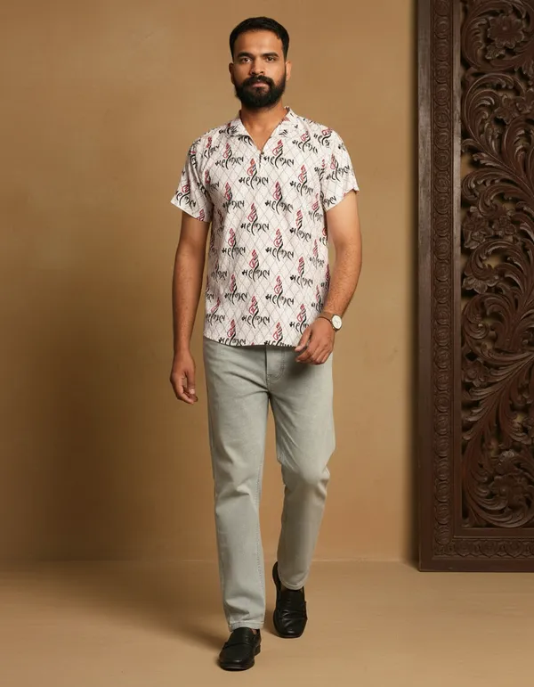 White_Pure_Cotton_Ganesh_Shank_Print_Kurta_For_Men