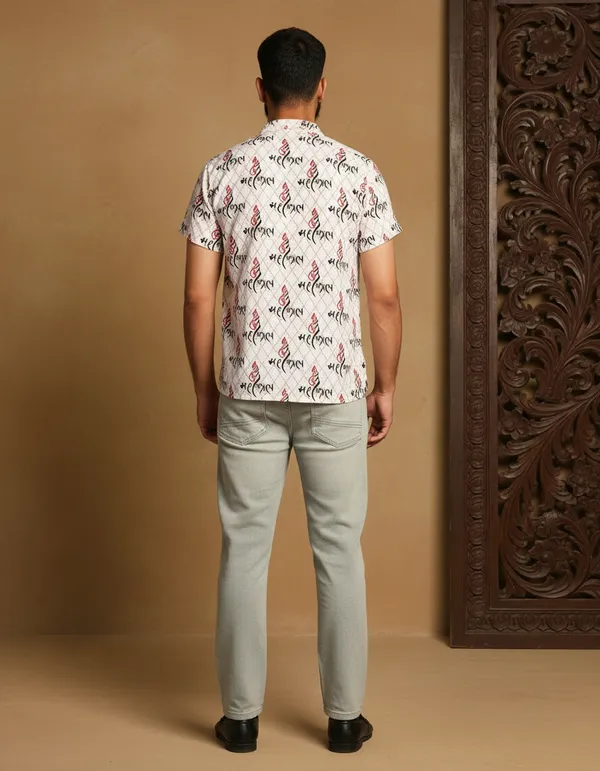 White_Pure_Cotton_Ganesh_Shank_Print_Kurta_For_Men