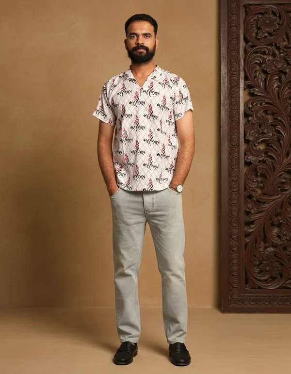 White_Pure_Cotton_Ganesh_Shank_Print_Kurta_For_Men