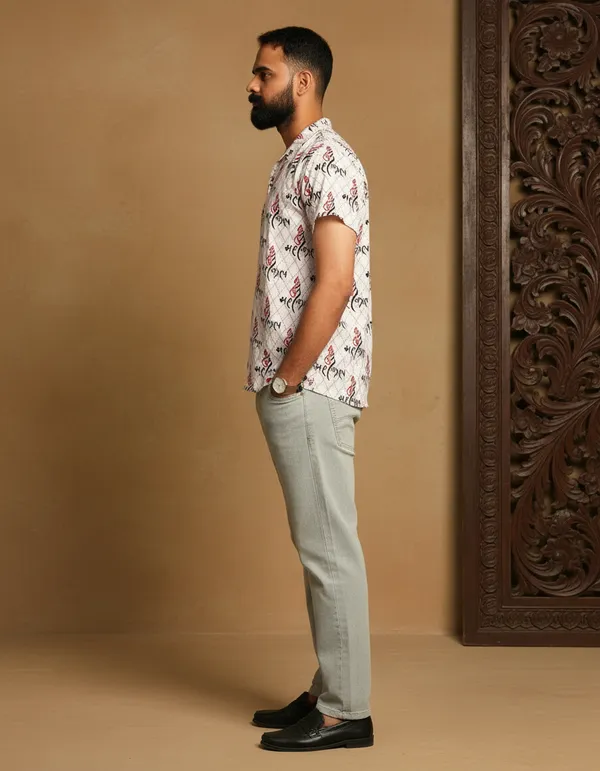 White_Pure_Cotton_Ganesh_Shank_Print_Kurta_For_Men