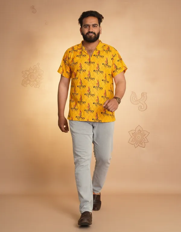 Yellow_Pure_Cotton_Ganesh_Shank_Print_Kurta_For_Men