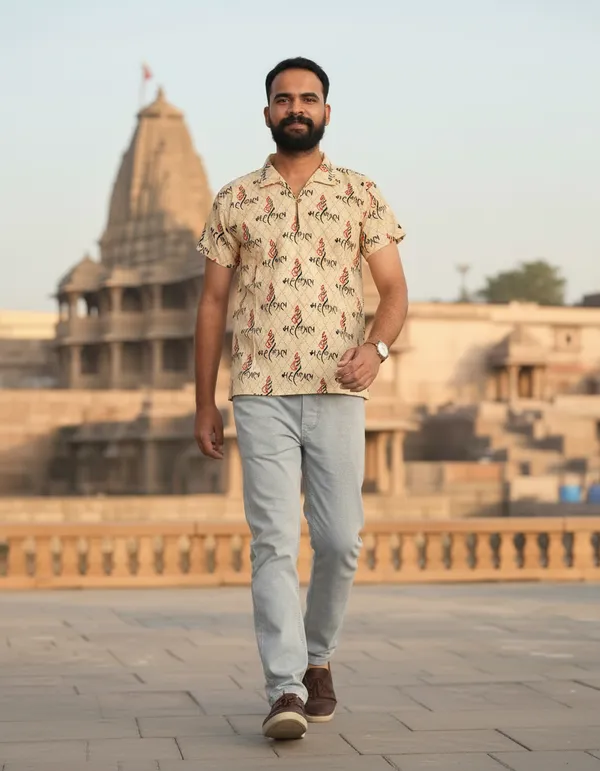 Beige_Pure_Cotton_Ganesh_Shank_PrintKurta_For_Men