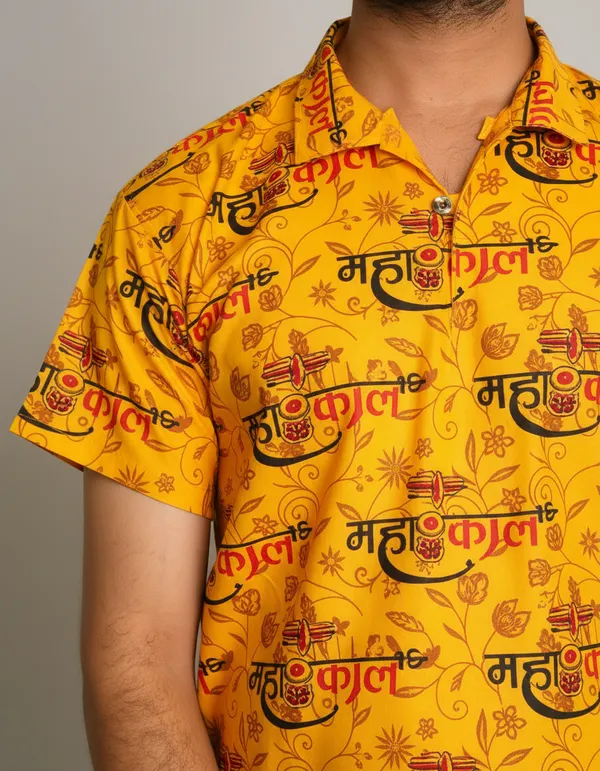 Yellow_Pure_Cotton_Fancy_Damru_Print_Kurta_For_Men