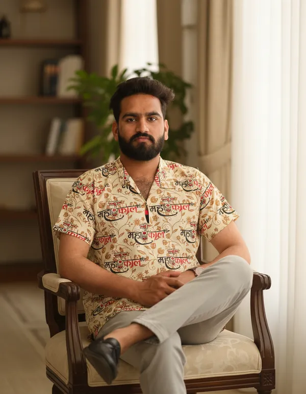 Beige_Pure_Cotton_Fancy_Damru_Print_Kurta_For_Men