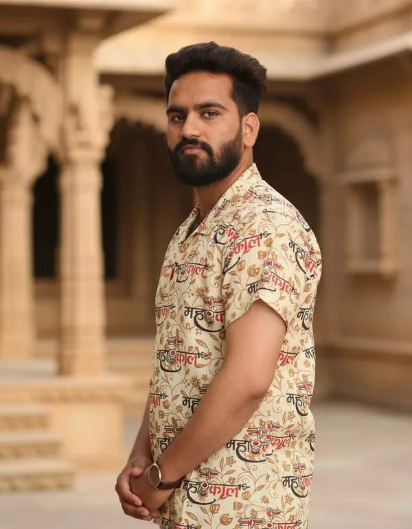 Beige_Pure_Cotton_Fancy_Damru_Print_Kurta_For_Men