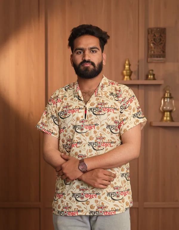 Beige_Pure_Cotton_Fancy_Damru_Print_Kurta_For_Men
