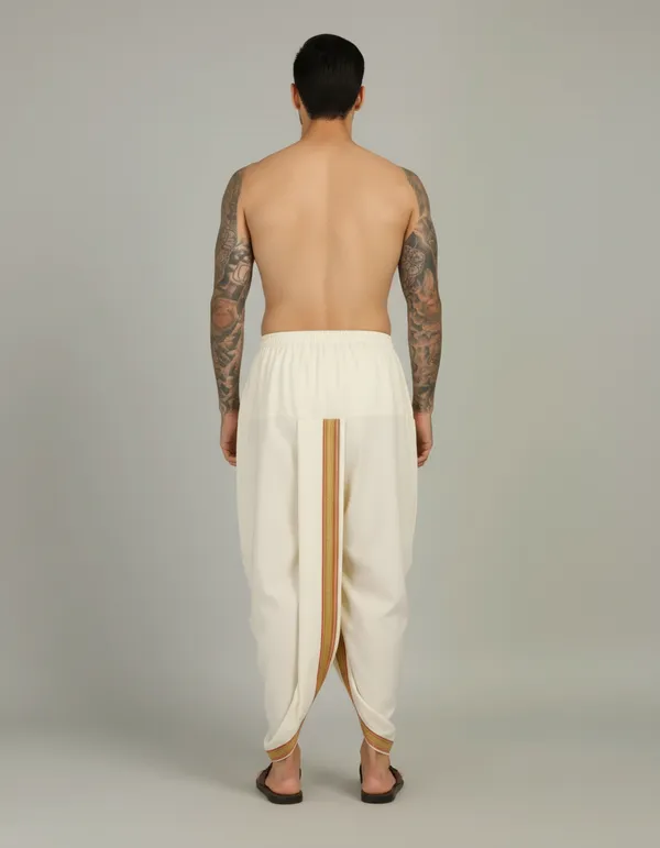 White_Cotton_Blend_Readymade_Elastic_Silk_Dhoti_For_Men