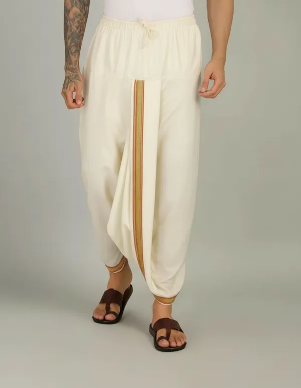 White_Cotton_Blend_Readymade_Elastic_Silk_Dhoti_For_Men