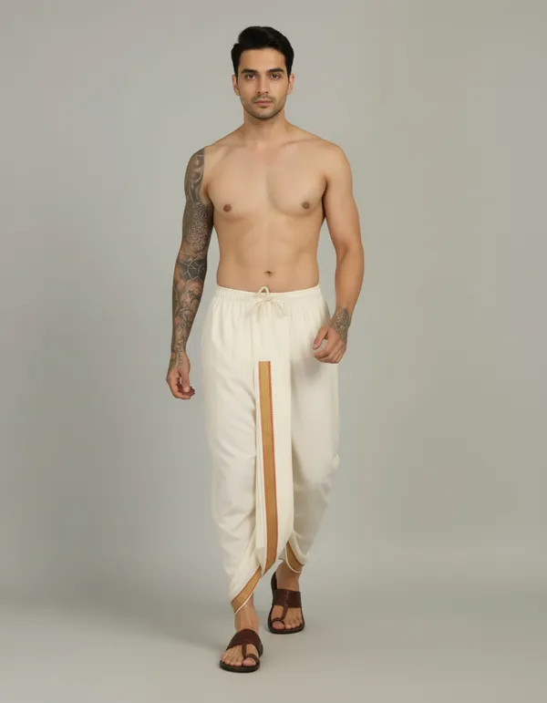 White_Cotton_Blend_Readymade_Elastic_Silk_Dhoti_For_Men
