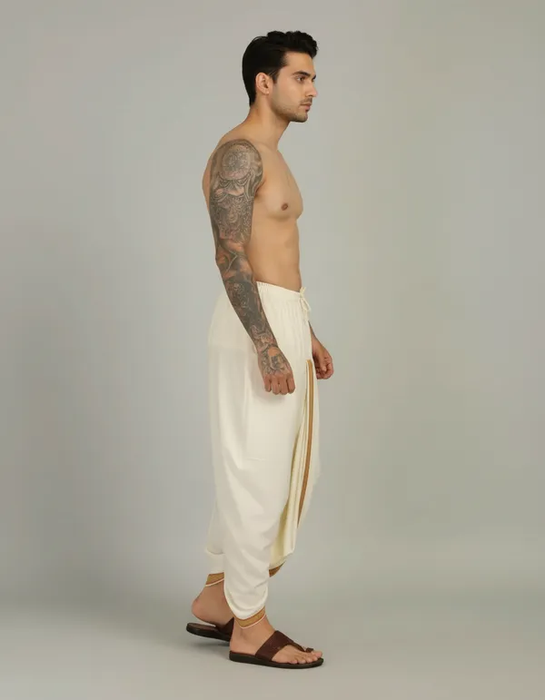 White_Cotton_Blend_Readymade_Elastic_Silk_Dhoti_For_Men