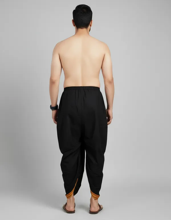 Black_Cotton_Blend_Readymade_Elastic_Silk_Dhoti_For_Men
