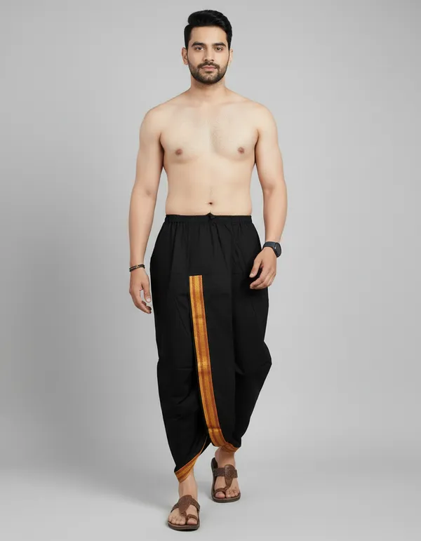 Black_Cotton_Blend_Readymade_Elastic_Silk_Dhoti_For_Men