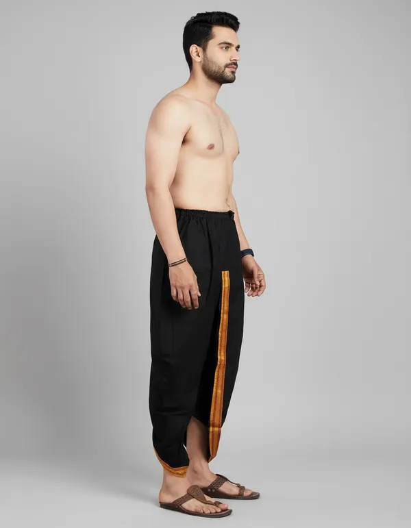 Black_Cotton_Blend_Readymade_Elastic_Silk_Dhoti_For_Men