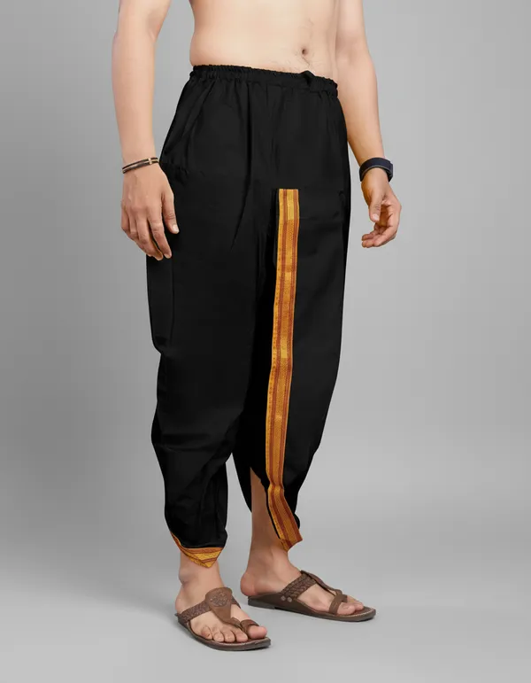 Black_Cotton_Blend_Readymade_Elastic_Silk_Dhoti_For_Men