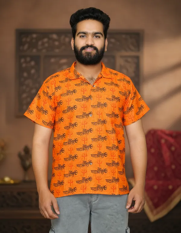 Orange_Pure_Cotton_Mahakal_Kurta_For_Men