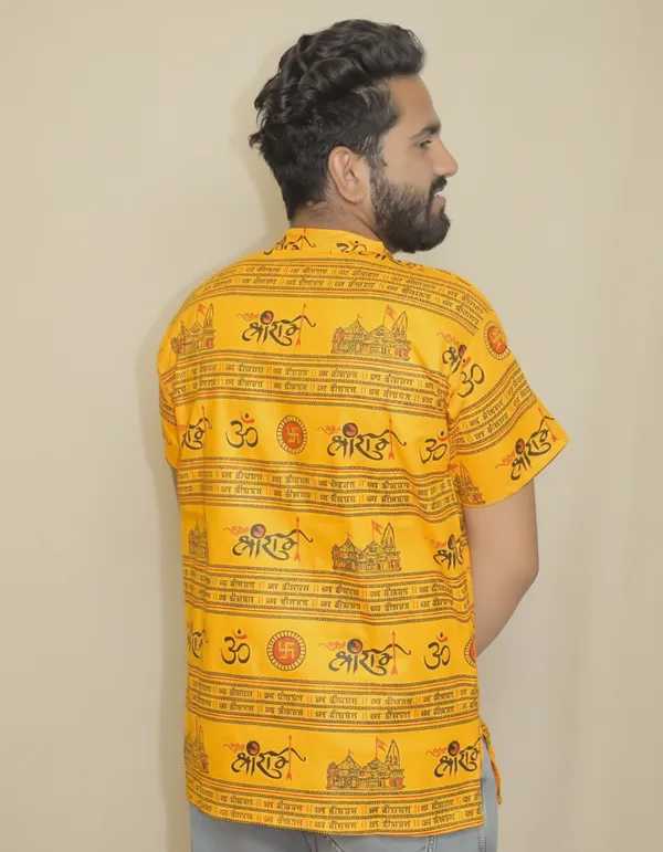 Yellow_Pure_Cotton_Jai_Shri_Ram_Kurta_For_Men