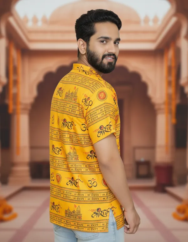 Yellow_Pure_Cotton_Jai_Shri_Ram_Kurta_For_Men