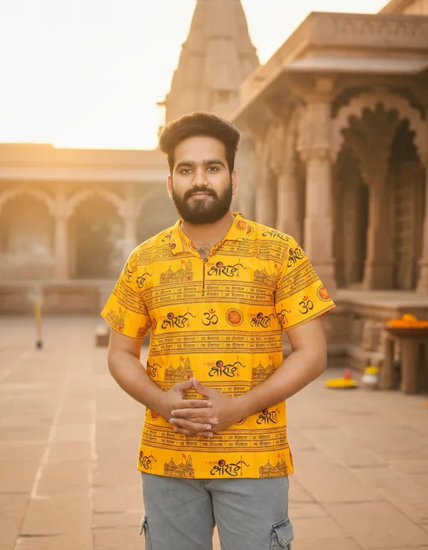 Yellow_Pure_Cotton_Jai_Shri_Ram_Kurta_For_Men
