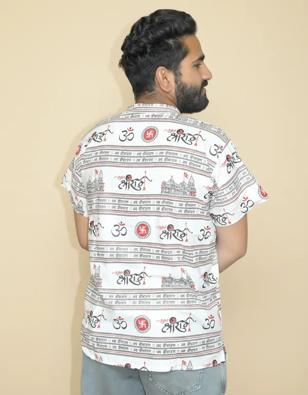 White_Pure_Cotton_Jai_Shri_Ram_Kurta_For_Men