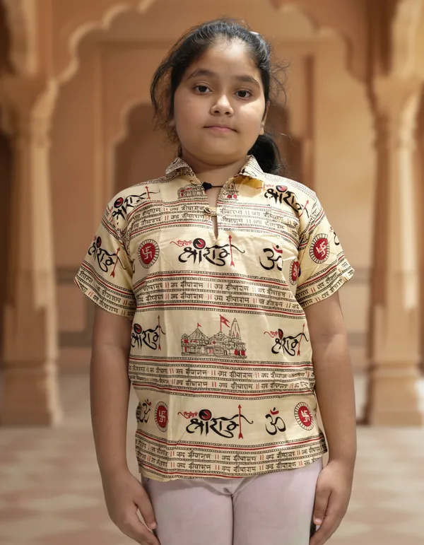 Light_Beige_Pure_Cotton_Jai_Shri_Ram_Kurta_For_Kids