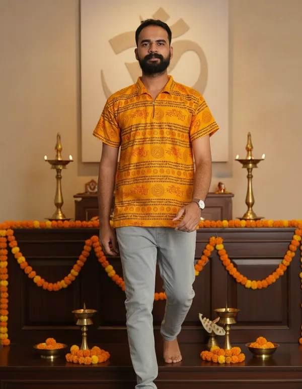 Yellow_Pure_Cotton_Shri_Shivaya_Namastubhyam_Kurta_For_Men