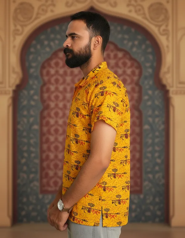 Yellow_Pure_Cotton_Damru_Print_Kurta_For_Men