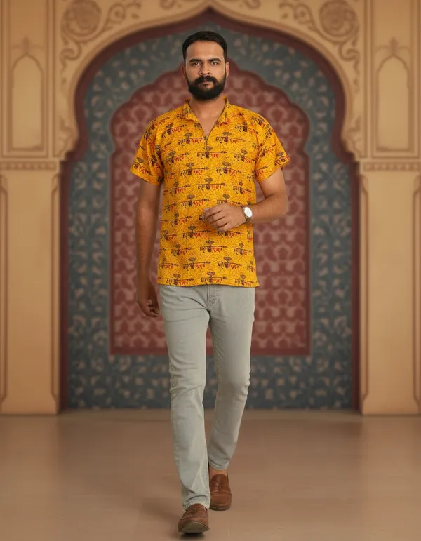 Yellow_Pure_Cotton_Damru_Print_Kurta_For_Men