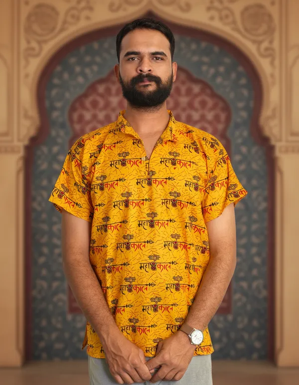 Yellow_Pure_Cotton_Damru_Print_Kurta_For_Men