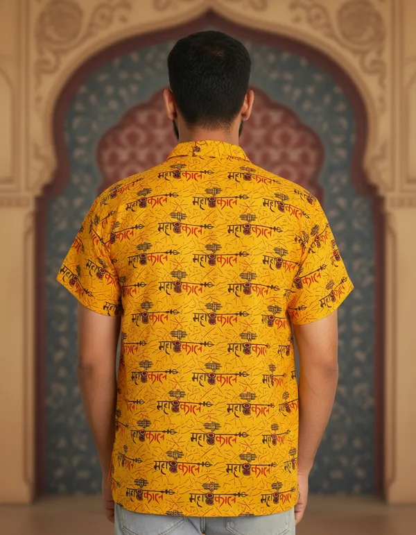 Yellow_Pure_Cotton_Damru_Print_Kurta_For_Men