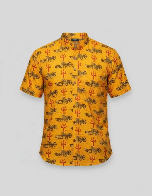 Yellow_Pure_Cotton_Mahakal_Trishul_Print_Front_Pocket_Kurta_For_Men