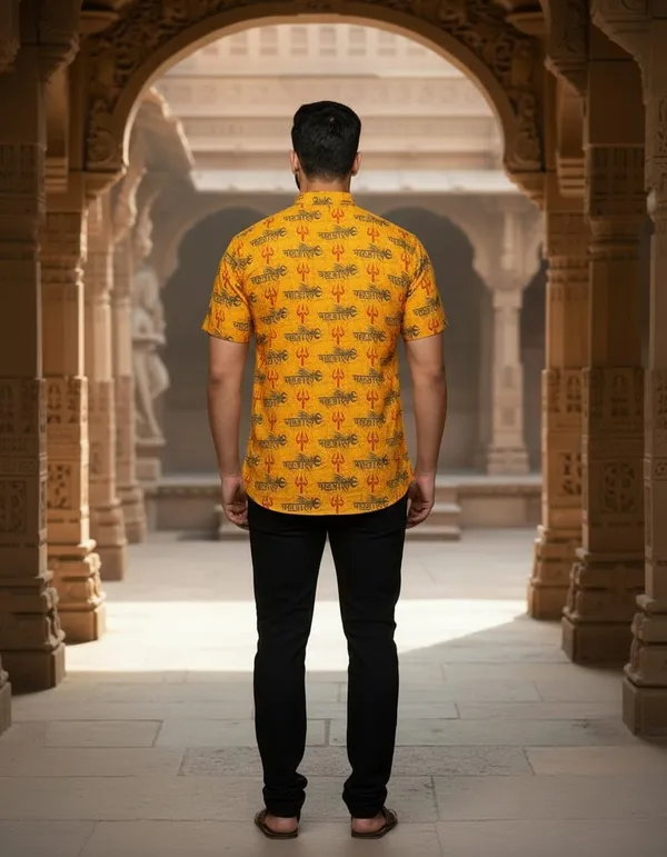 Yellow_Pure_Cotton_Mahakal_Trishul_Print_Front_Pocket_Kurta_For_Men
