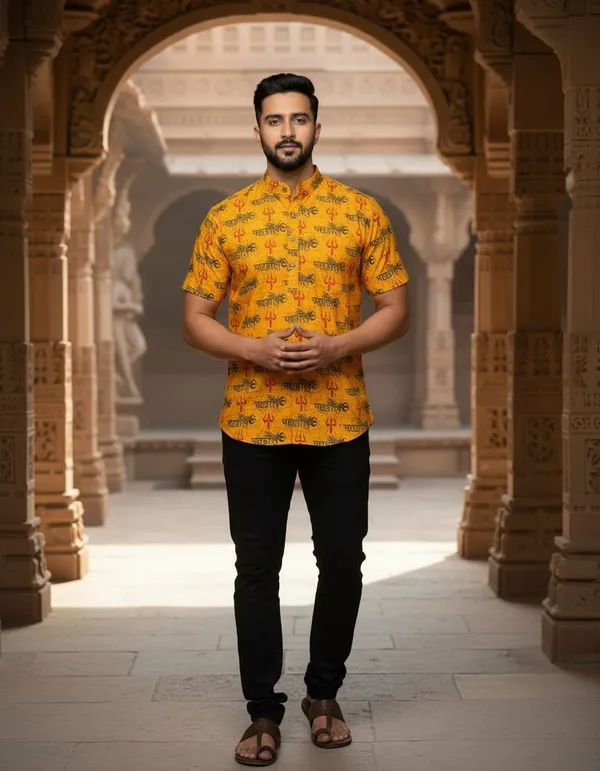 Yellow_Pure_Cotton_Mahakal_Trishul_Print_Front_Pocket_Kurta_For_Men