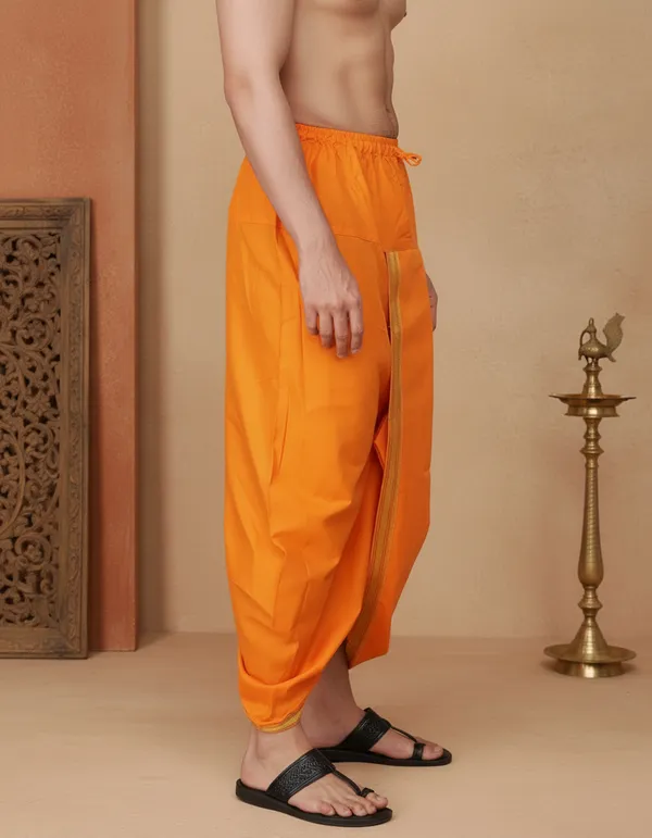 Light_Orange_Readymade_Elastic_Cotton_Silk_Dhoti_for_Men